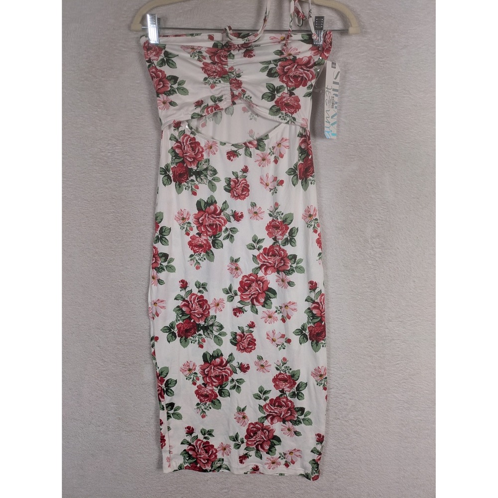 NEW Almost Famous Dress Junior's M White Floral Cutout Ruched Halter Midi